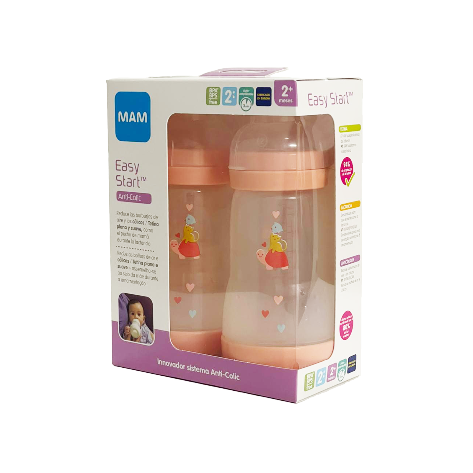 MAM PACK 2 BIBERONES ANTI COLIC 260ML ROSA
