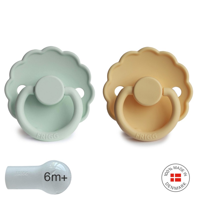 Pack 2 Chupetes FRIGG Block Silicona DAISY 0-6m Seafoam/Pale Daffodil