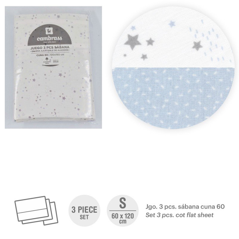 SABANA CUNA 3PCS TRIPTICO 60X120CM SKY CELESTE