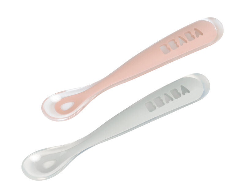 SET DE 2 CUCHARAS PRIMERAS COMIDAS SILICONA  GRIS+ROSA