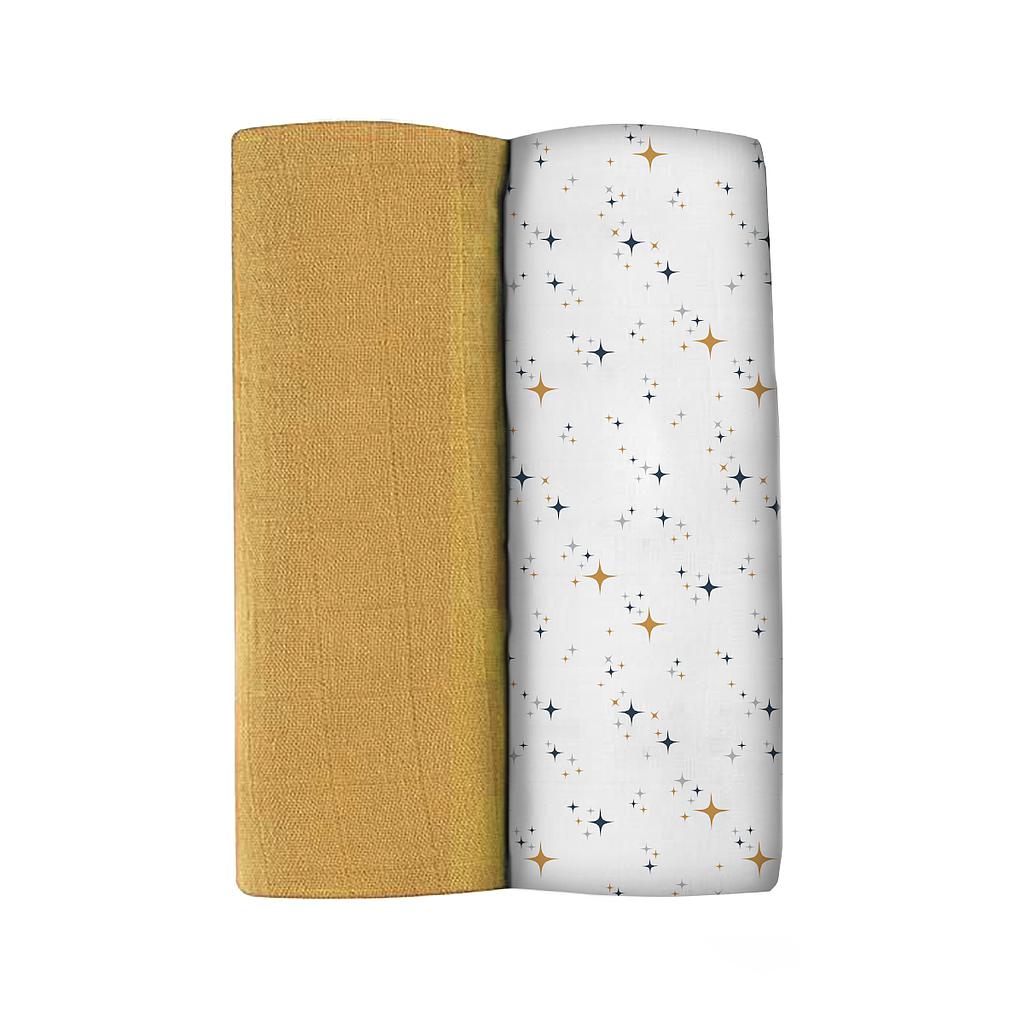 SET 2 MUSELINAS XL 120X120CM 100% ALGODON ORGANICO HONEY YELLOW / STARRY NIGHT